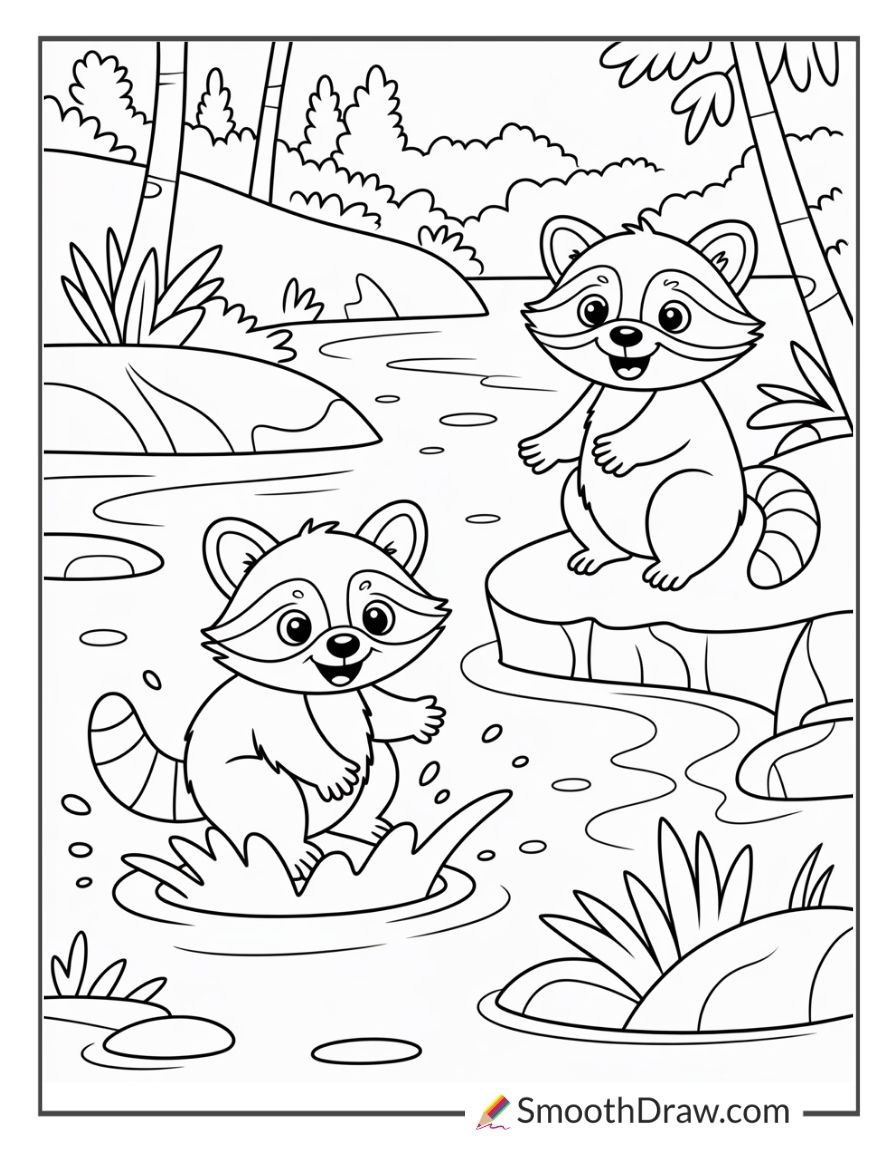 Raccoons Playing Near The River