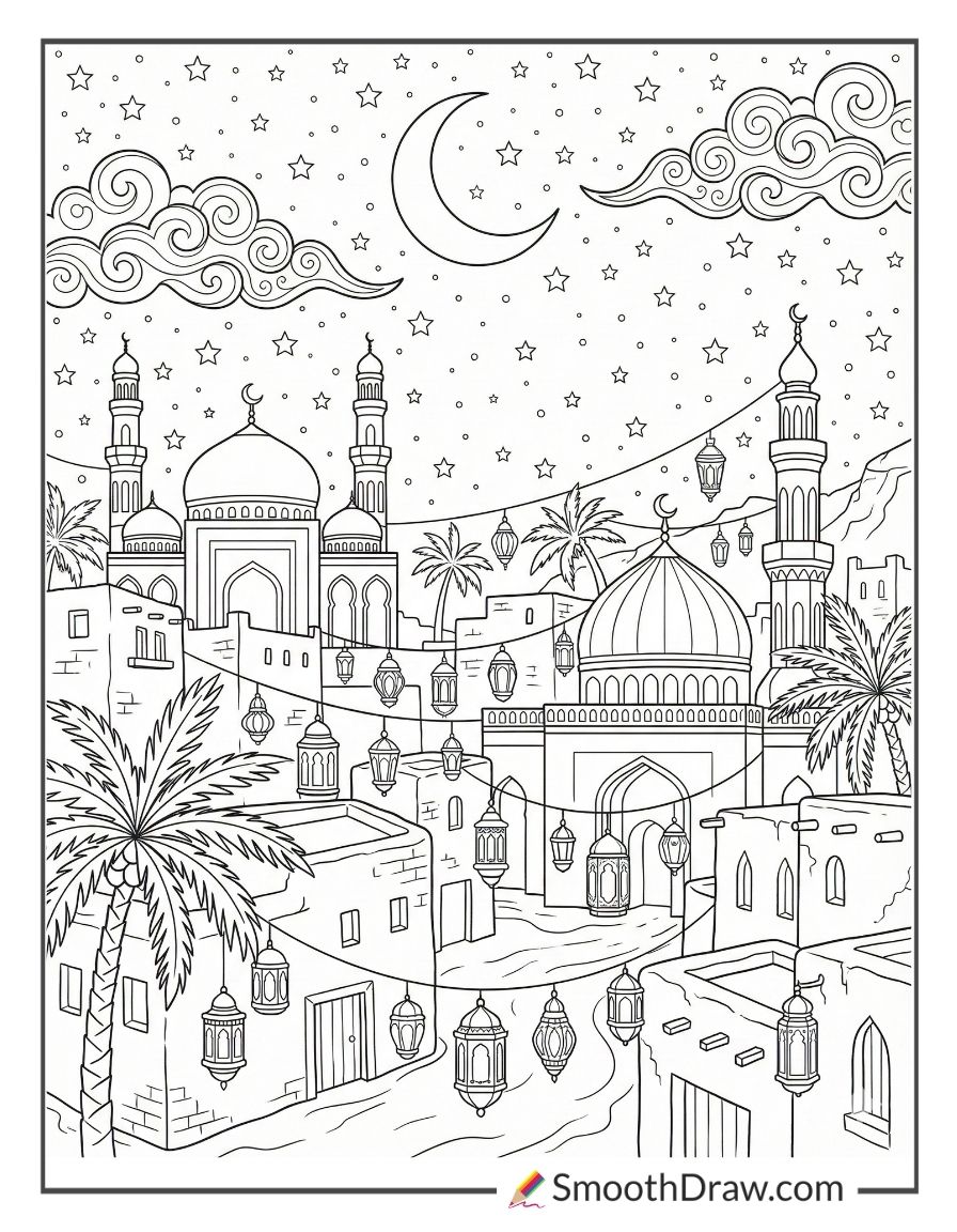 Ramadan Night Sky Over Desert Town