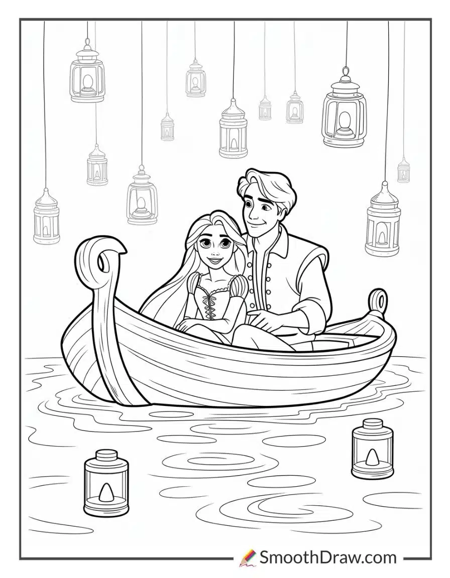 Rapunzel And Flynn Riding A Boat