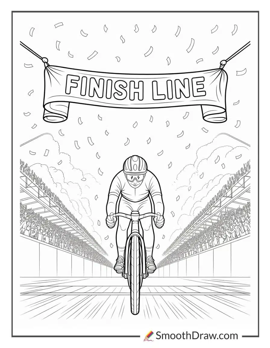 Rider crossing finish line banner