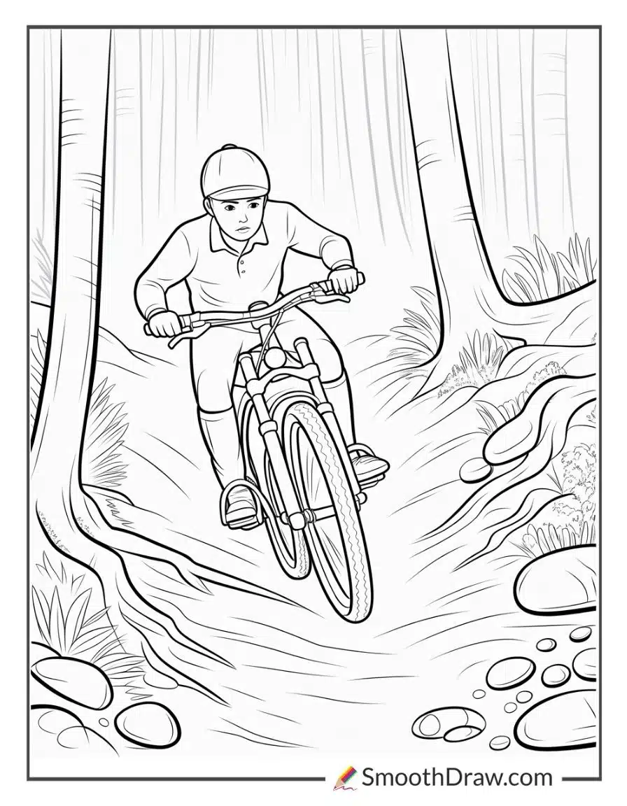 Rider dodging tree roots and rocks