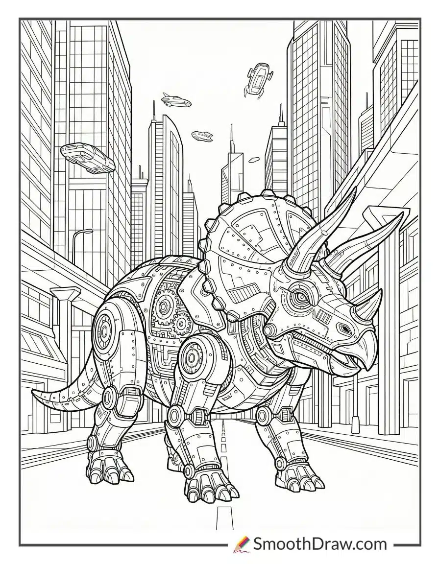Robot Triceratops In Future City For Coloring