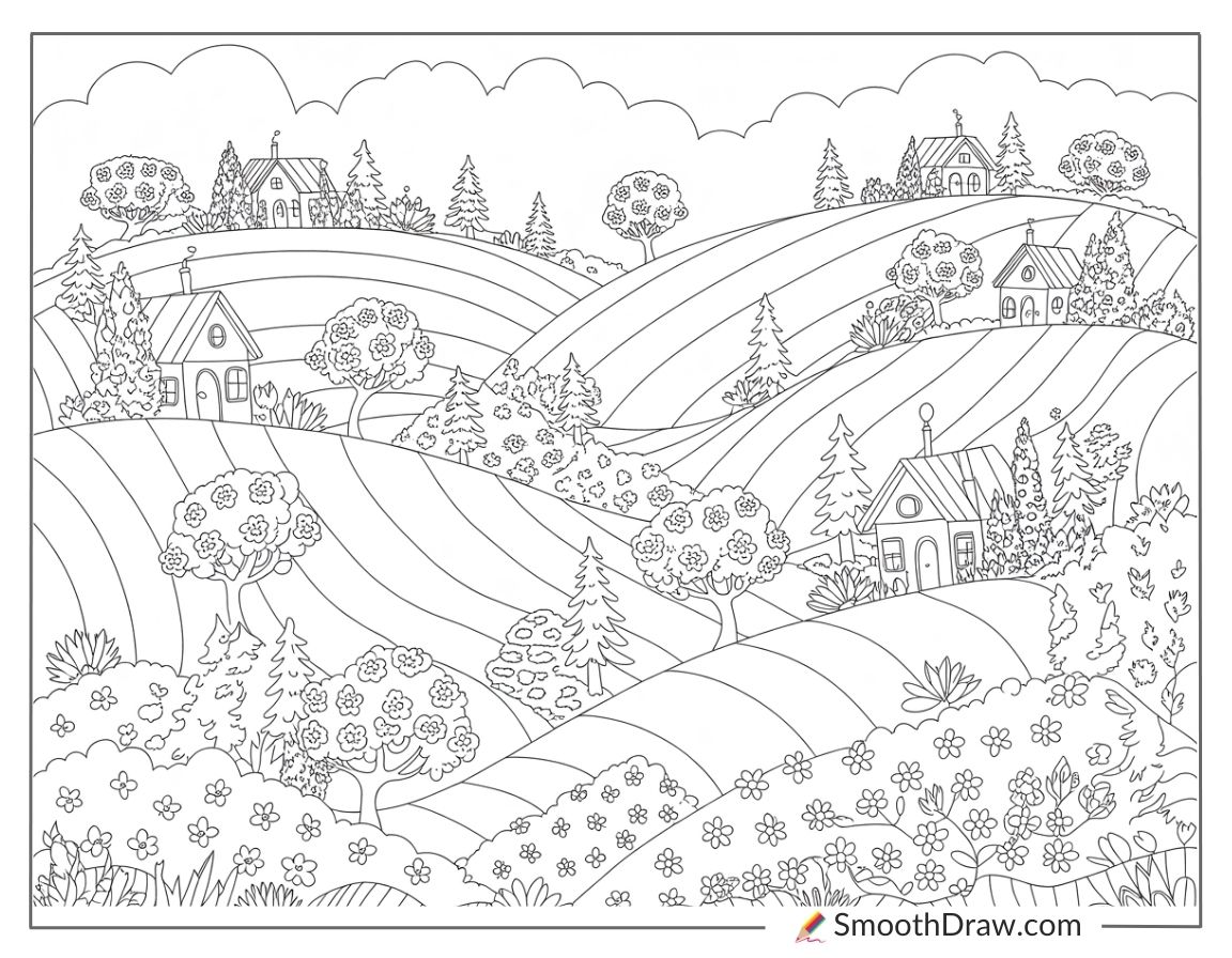 Rolling hills with blooming trees