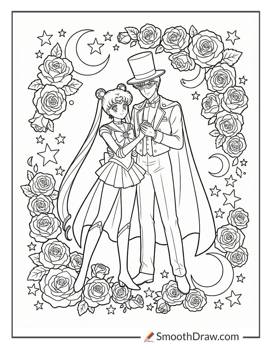 Sailor Moon And Tuxedo Mask Coloring Sheet