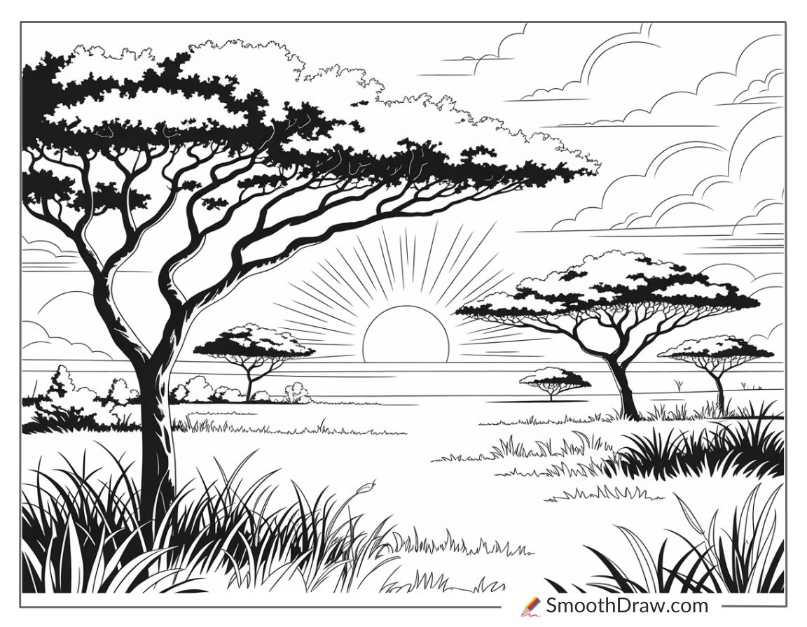 Savanna with acacia trees and sunset