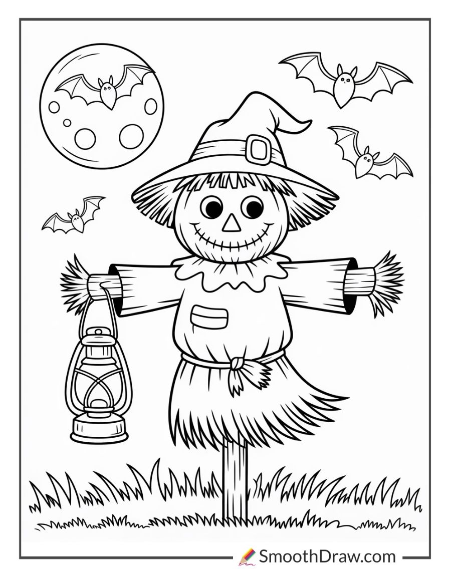 Scarecrow Holding A Lantern At Night