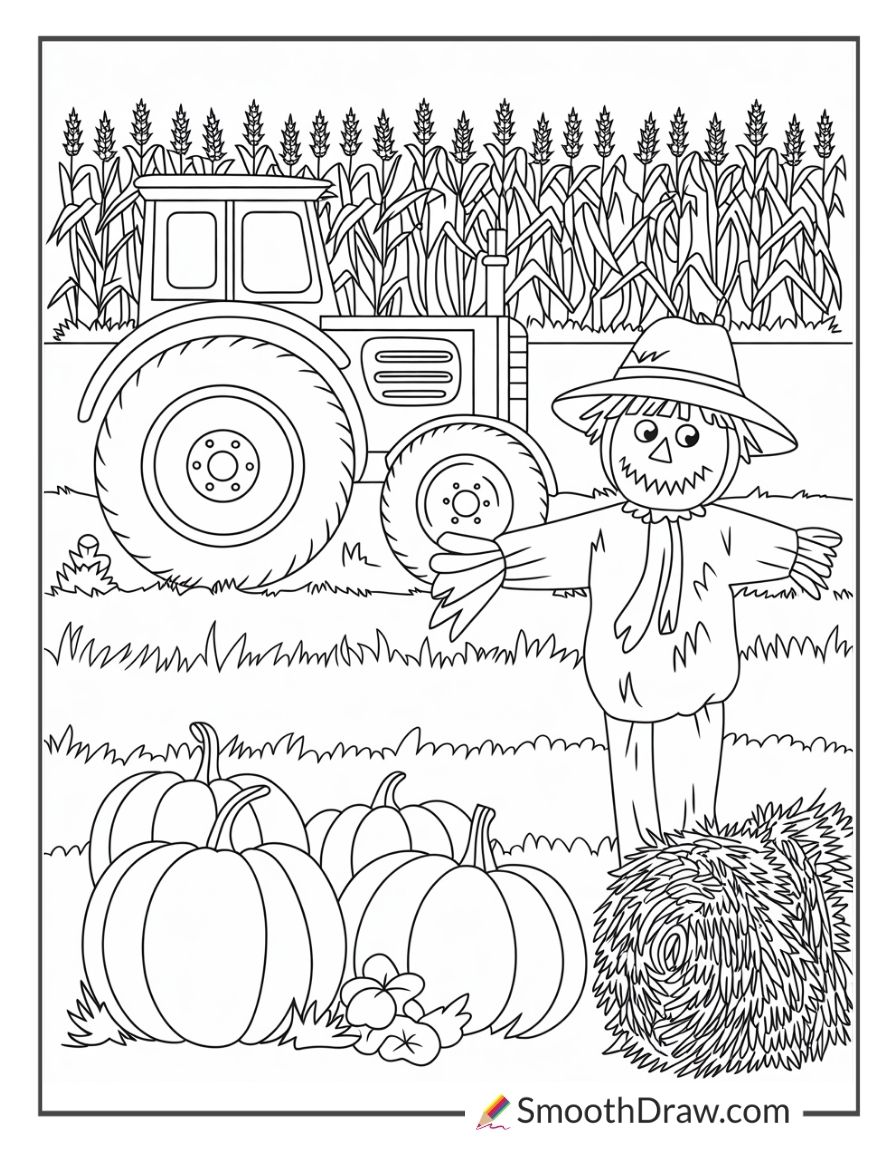 Scarecrow Near A Tractor In Field