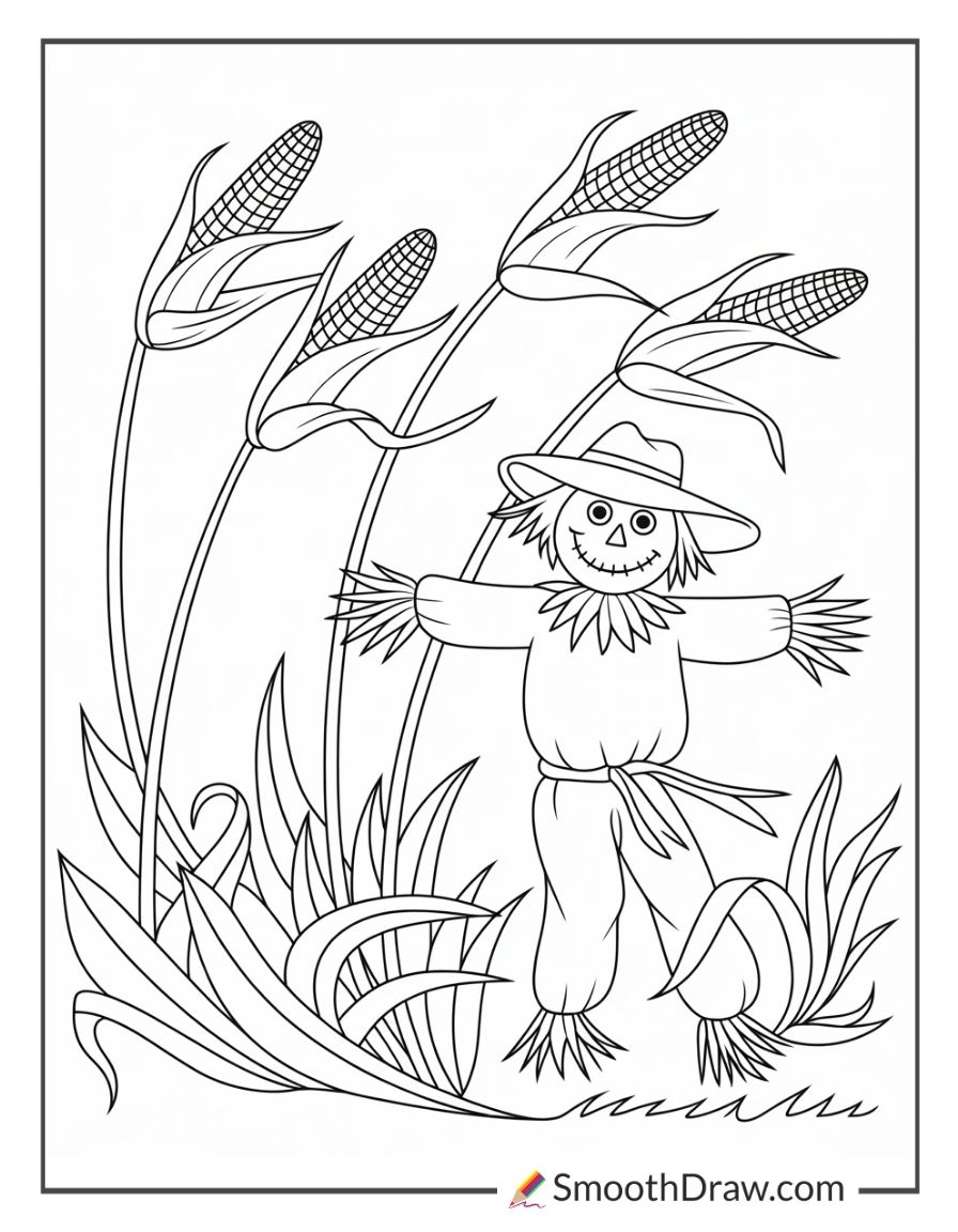 Scarecrow With Falling Corn Stalks Coloring Sheet