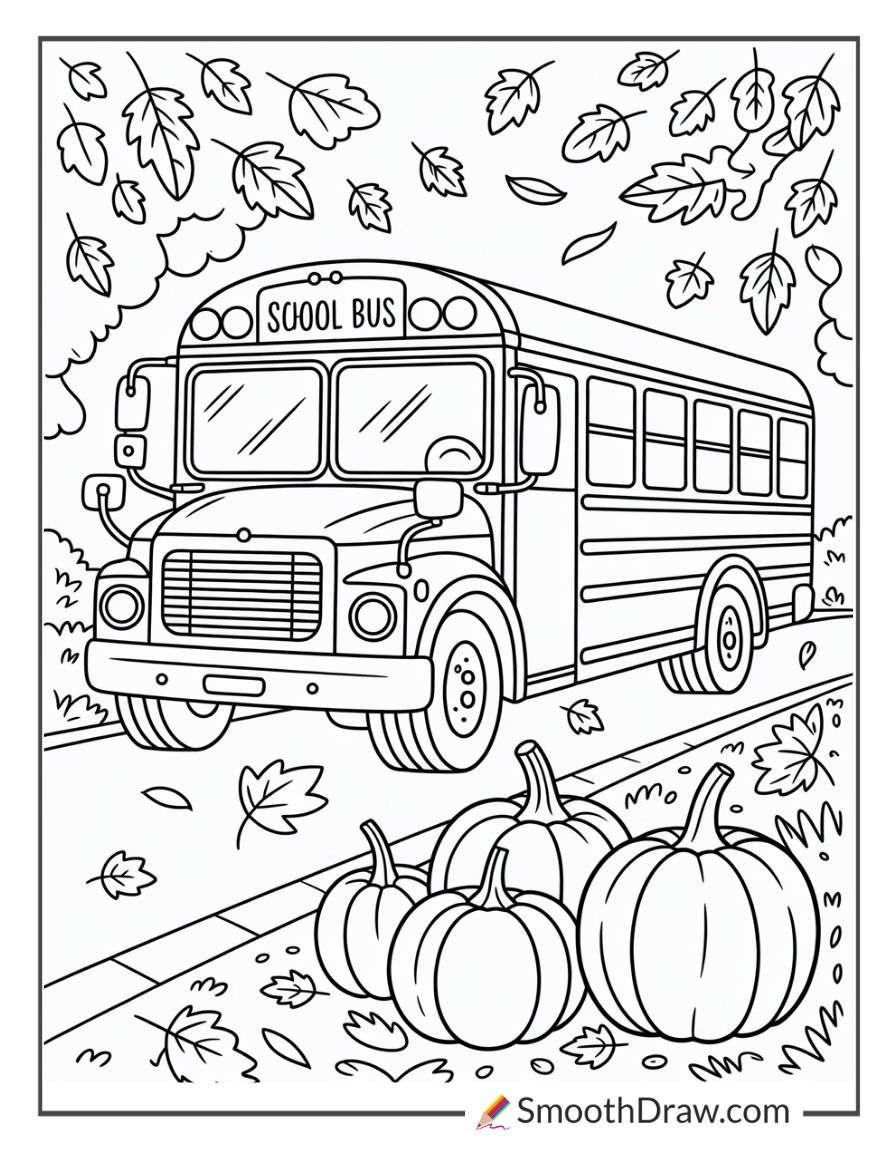 School Bus With Fall Leaves