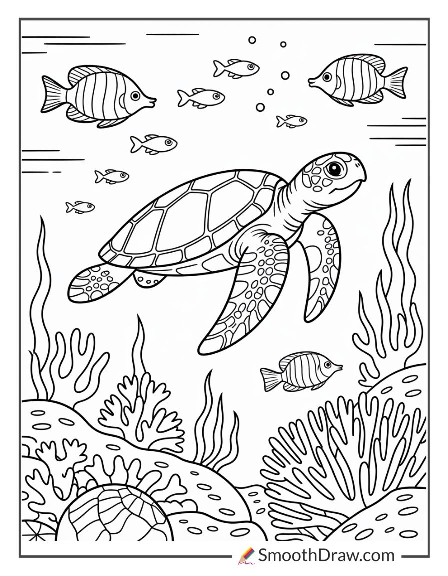 Sea turtle near coral reef