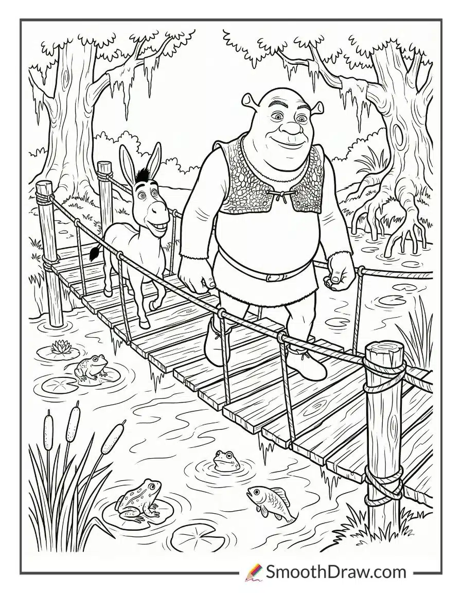 Shrek And Donkey Crossing A Wooden Bridge