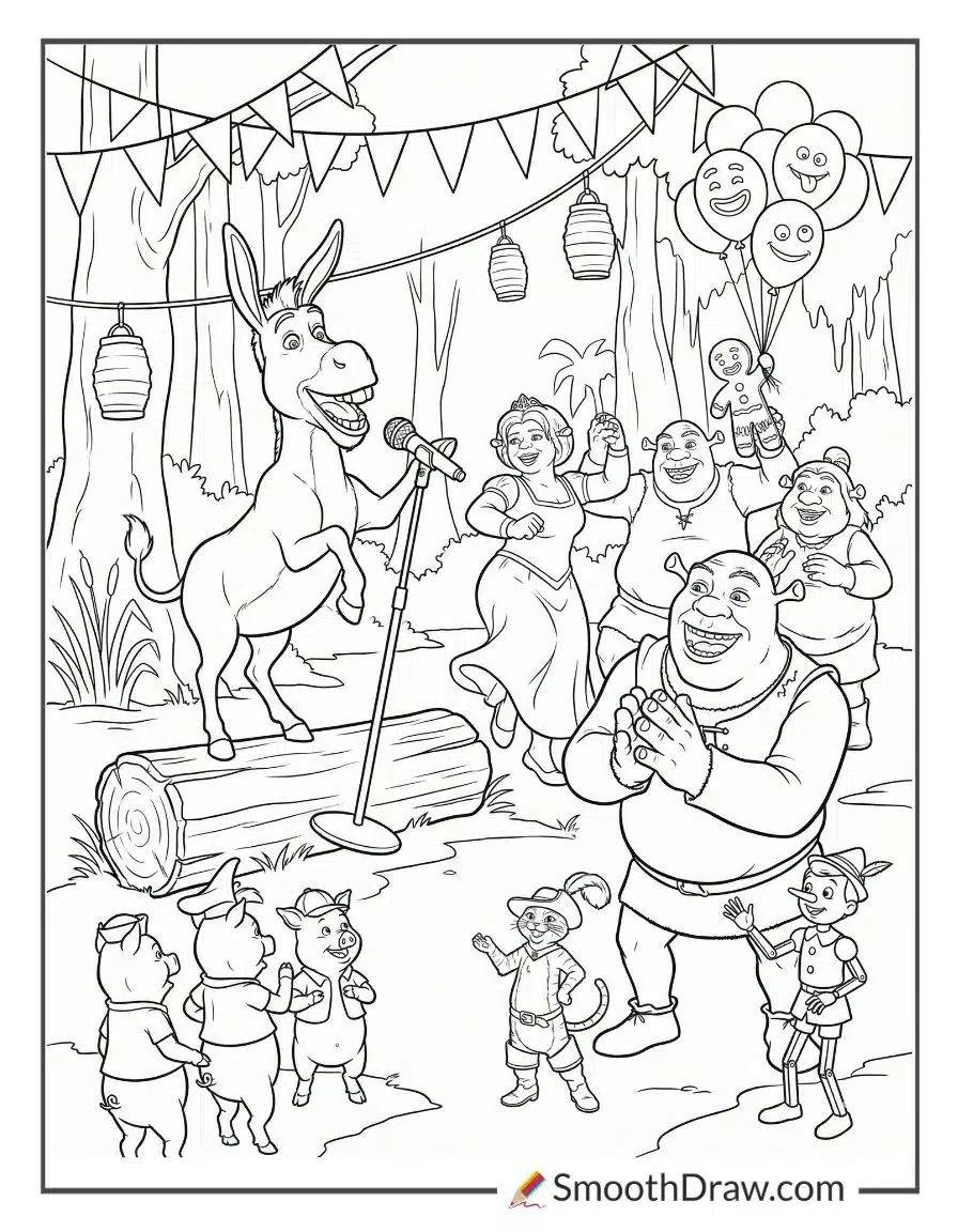 Shrek And Friends At The Swamp Party Coloring Page