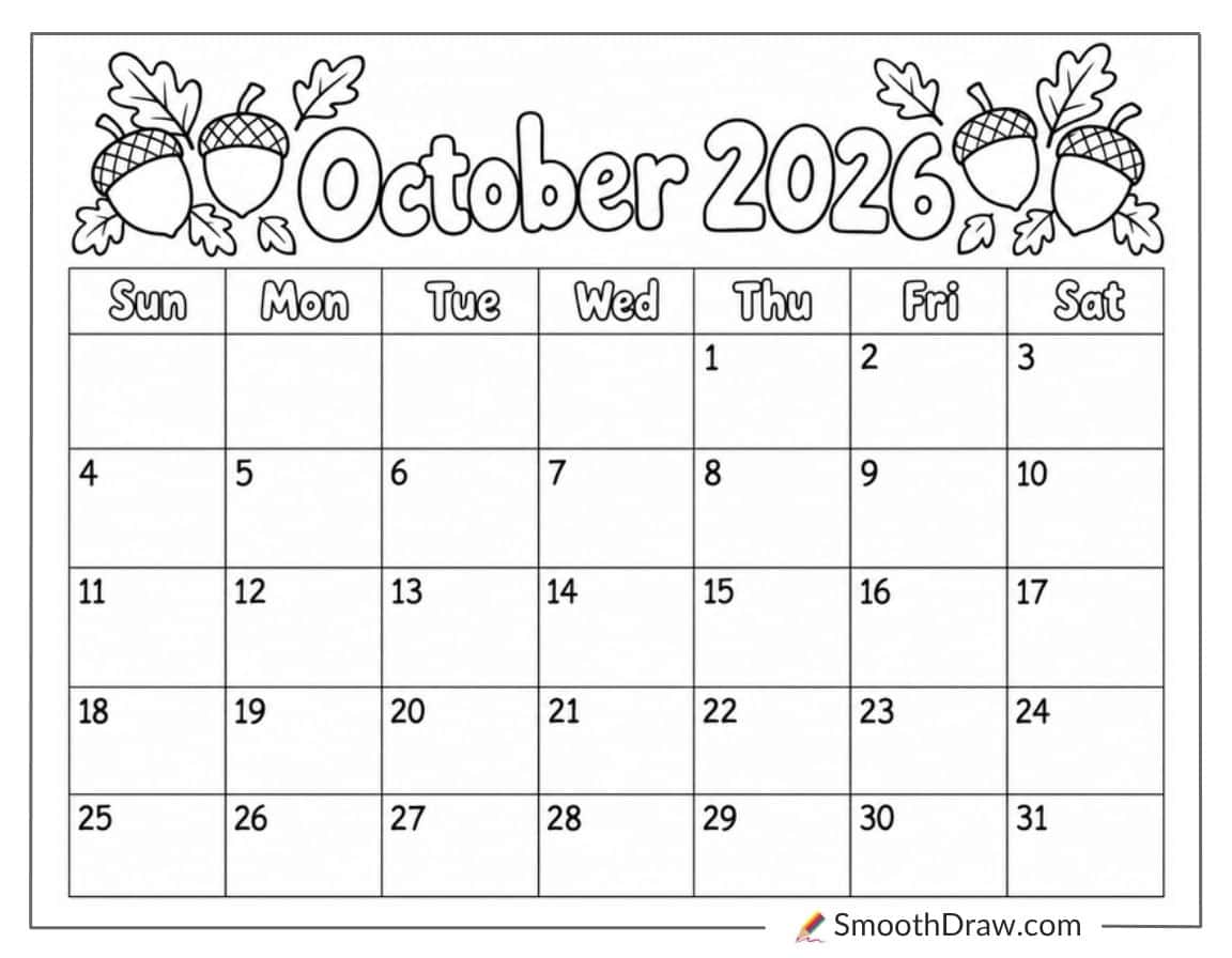 Simple October 2026 Calendar Coloring Page