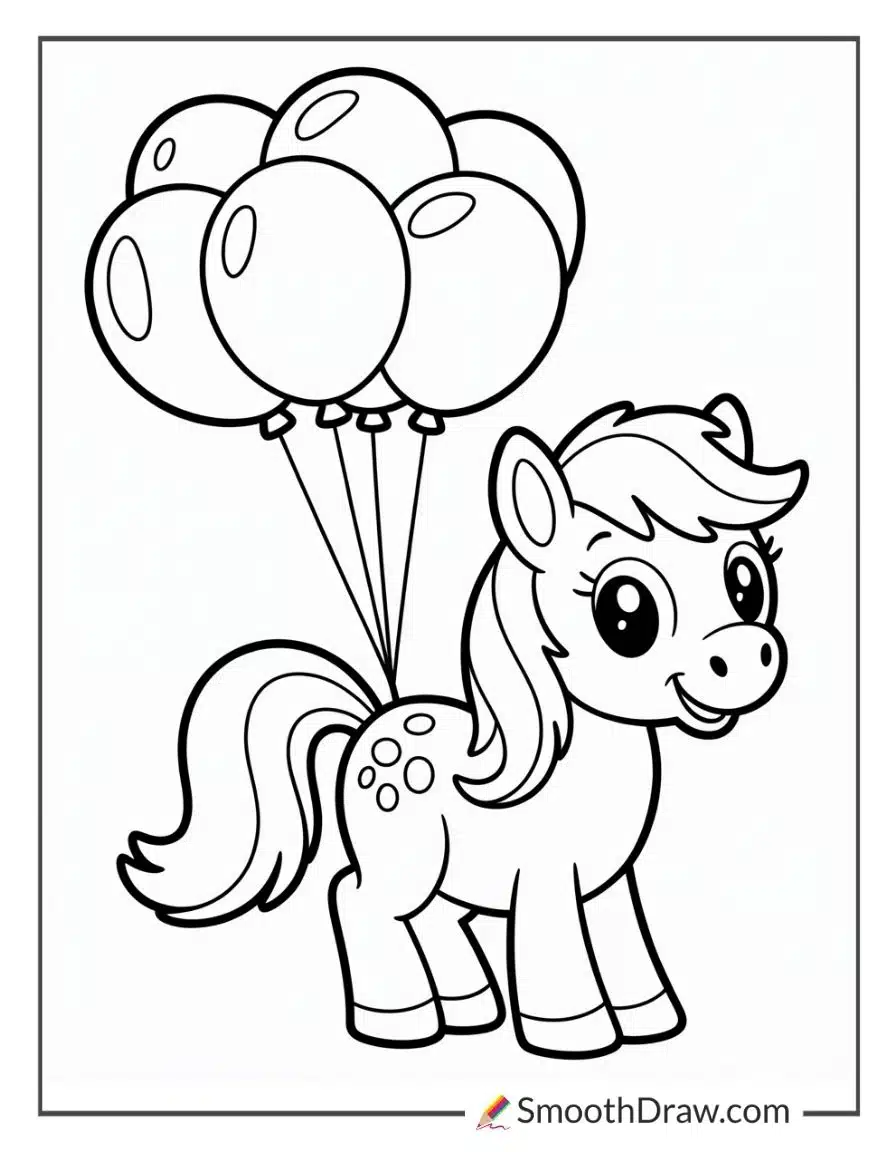 Smiling Pony With Balloons For Coloring