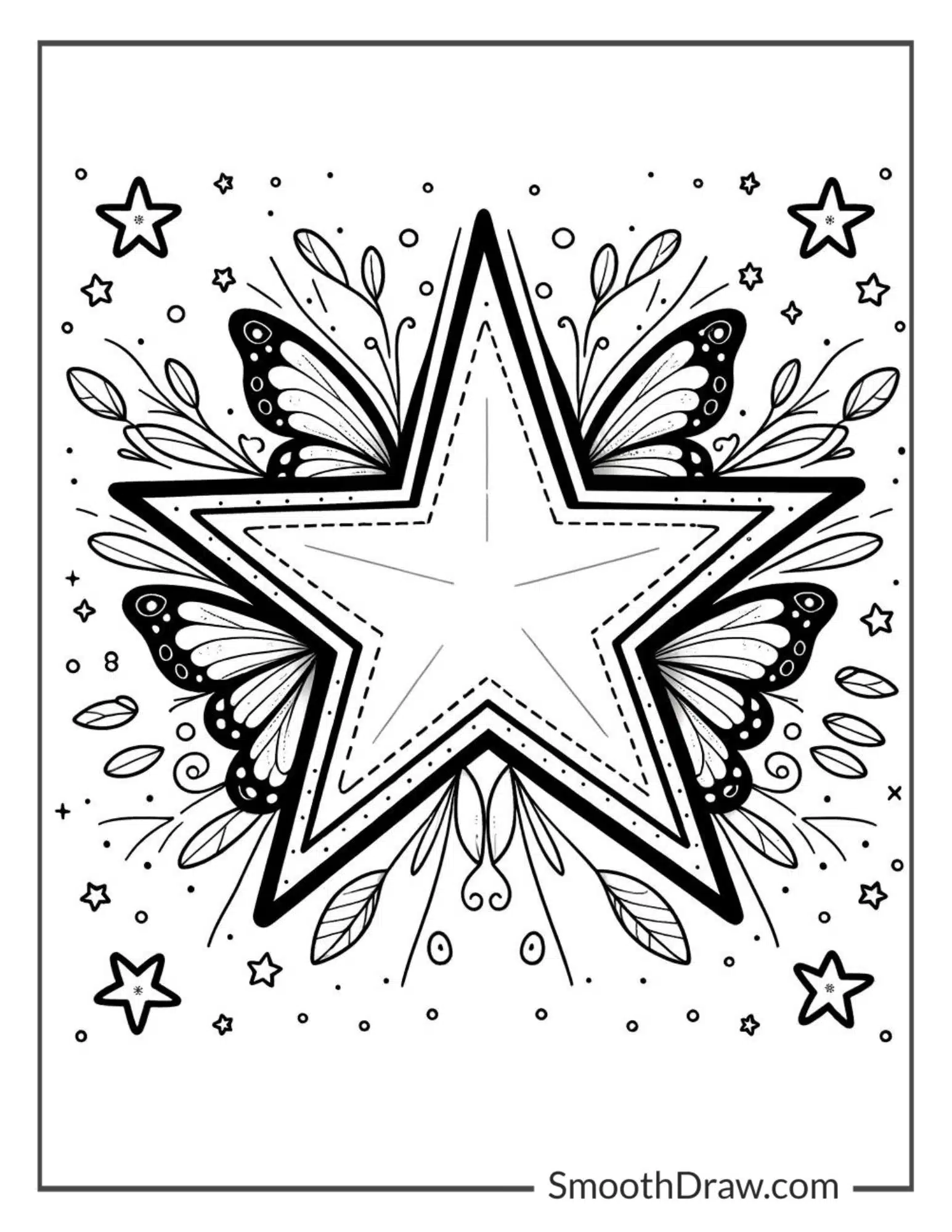 Star with Butterflies coloring sheet