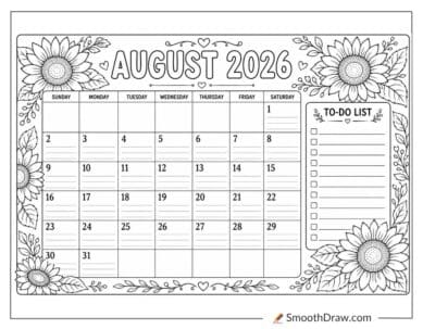 Sunflower August 2026 calendar printable
