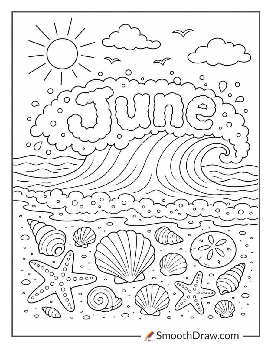 Sunny June Beach Day Coloring Page