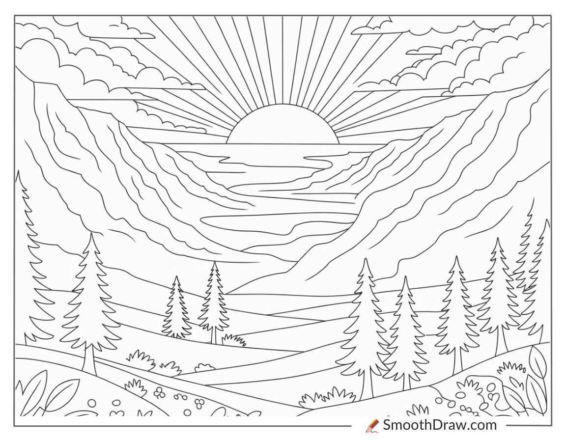 Sunrise over misty mountains