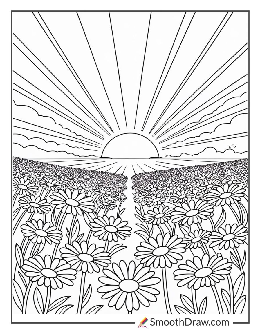 Sunset Over A Field Of Daisies