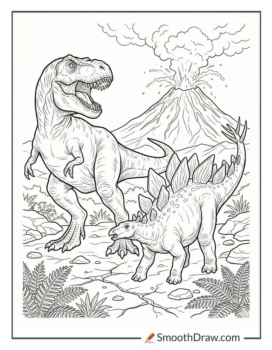 T Rex And Stegosaurus Near Volcano