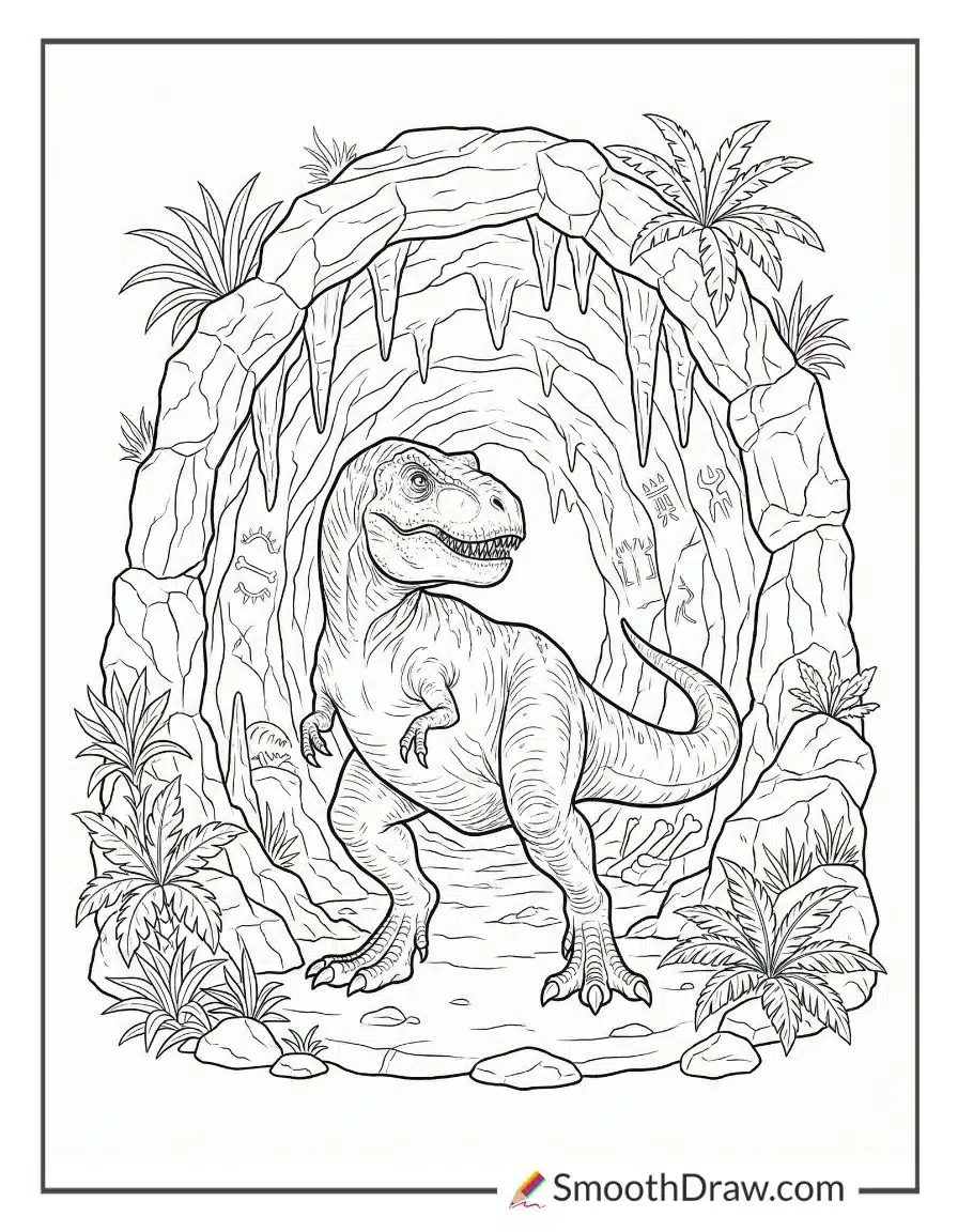 T Rex Guarding Ancient Dinosaur Cave Coloring Sheet