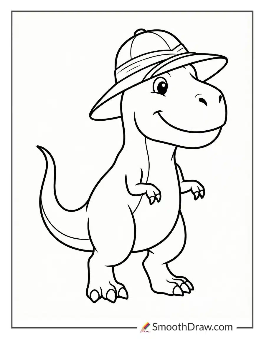 T Rex Wearing Explorer Hat For Coloring