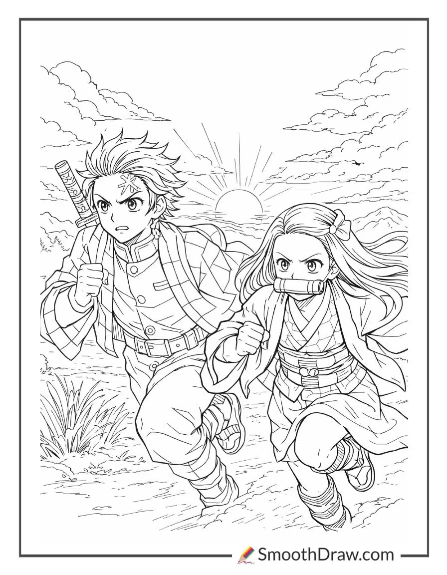 Tanjiro And Nezuko Running At Sunset
