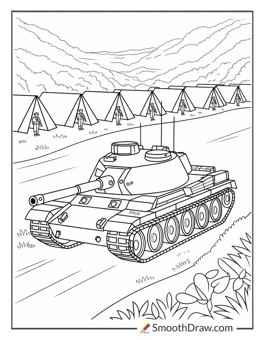 Tank Driving Past Army Tents