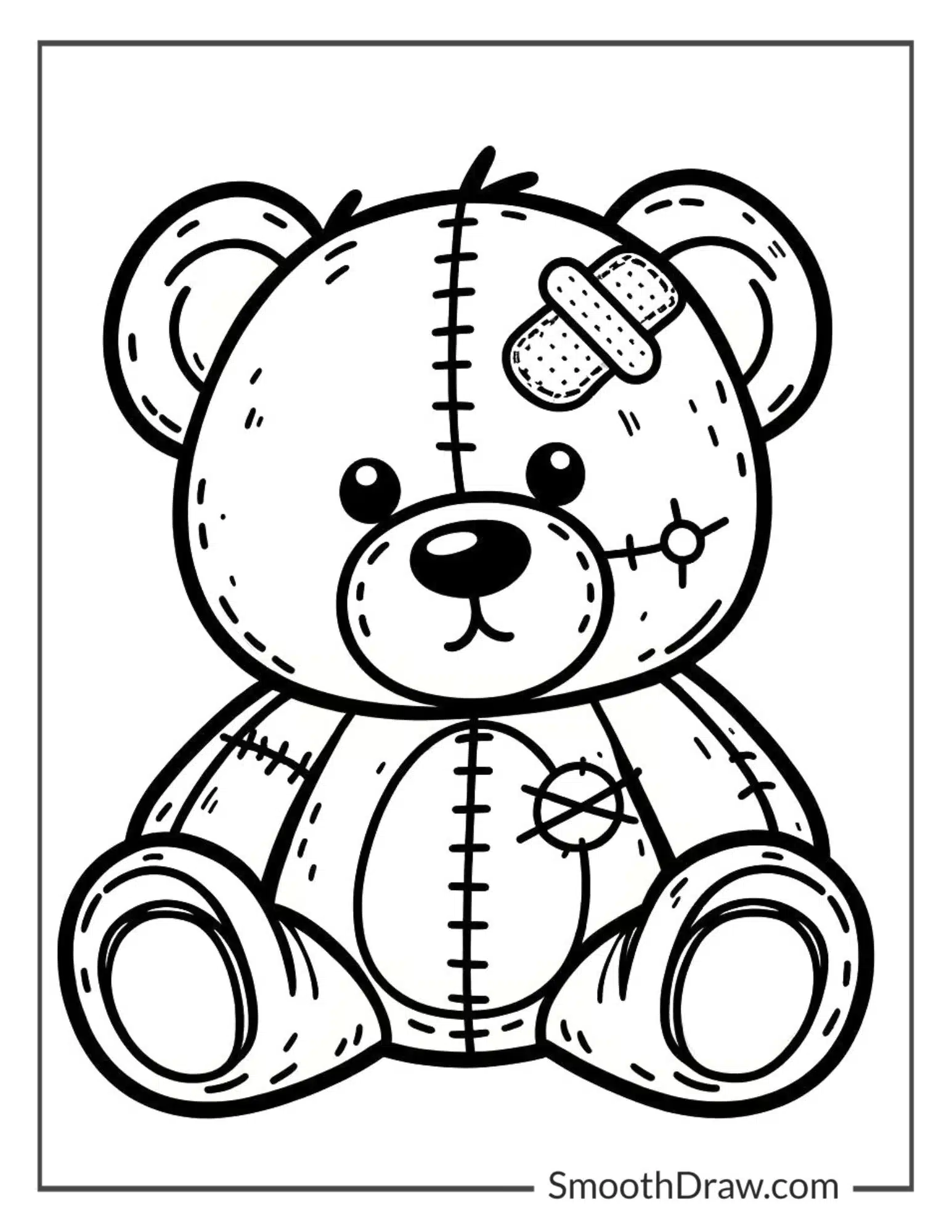 Teddy bear with a patch and stitches