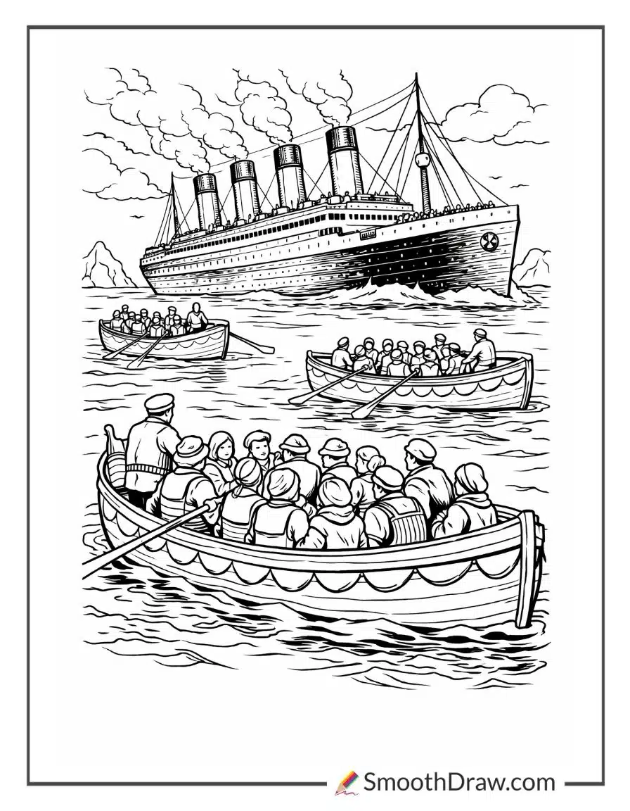 Titanic And Lifeboats In The Sea