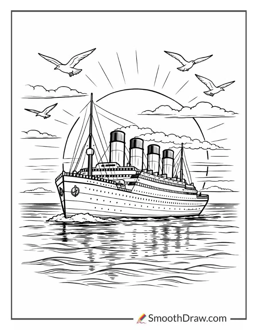 Titanic Surrounded By Seagulls For Coloring