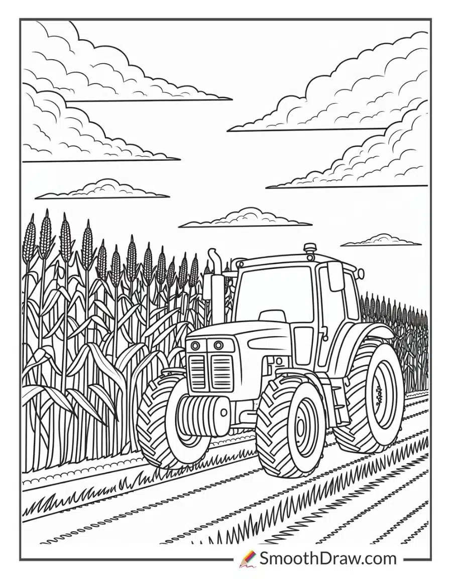 Tractor Near Cornfield Coloring Sheet