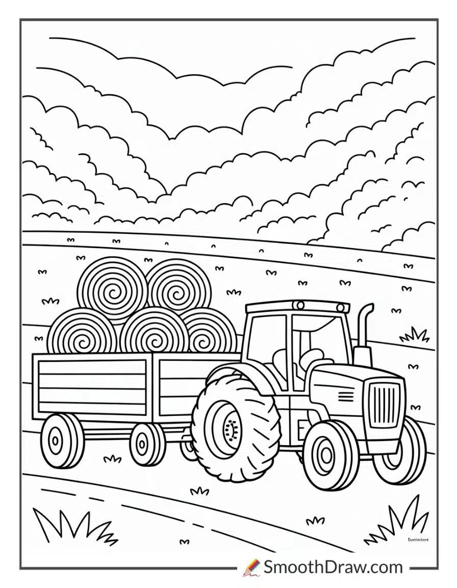 Tractor Pulling Hay Wagon Coloring Sheet