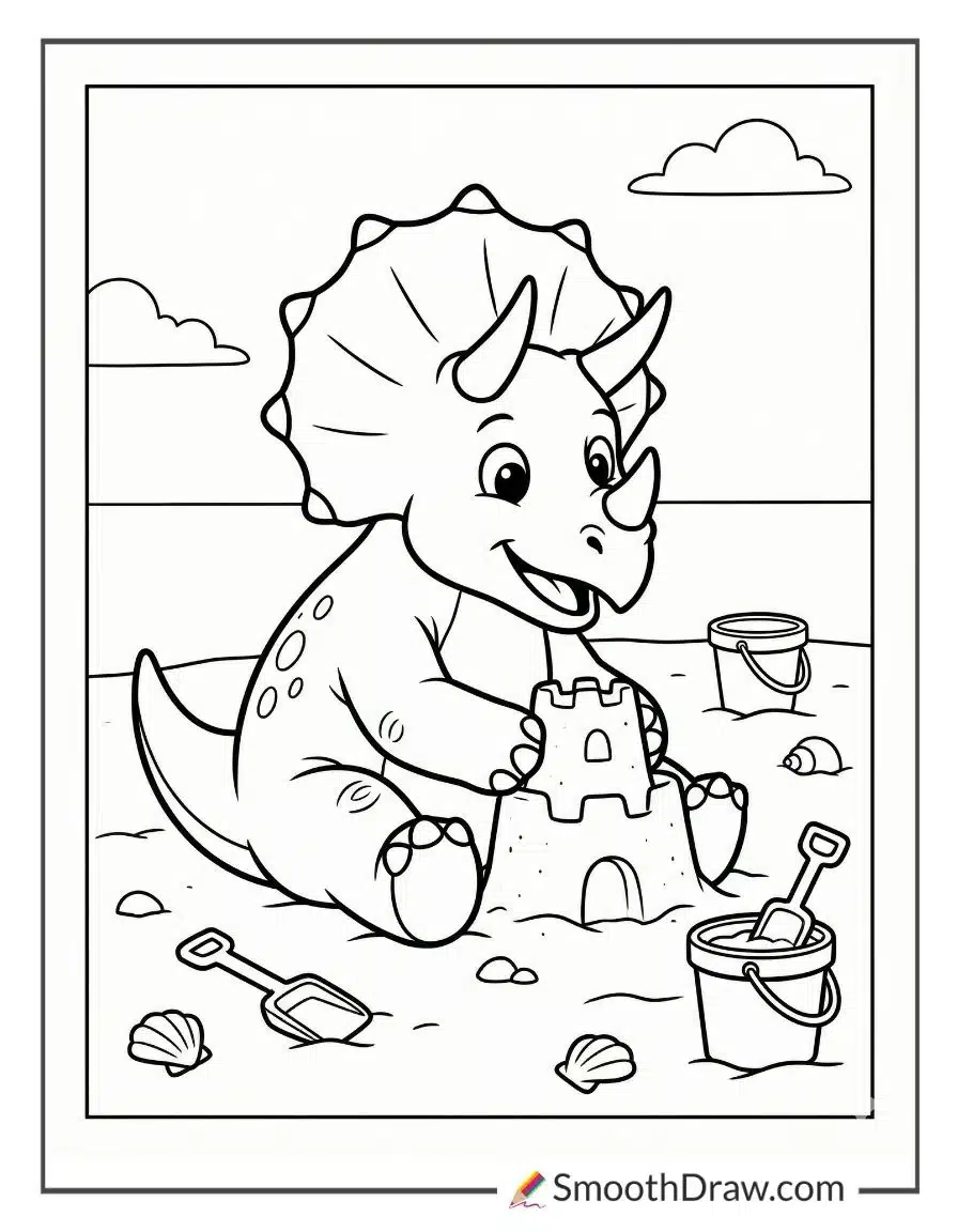Triceratops Building Sandcastle On Beach