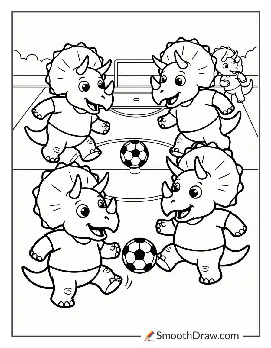 Triceratops Playing Soccer With Friends Coloring Pages
