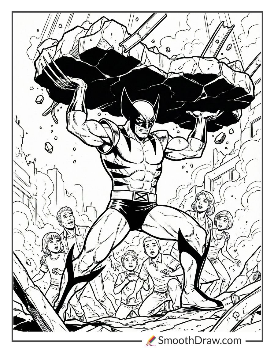 Wolverine catching falling debris