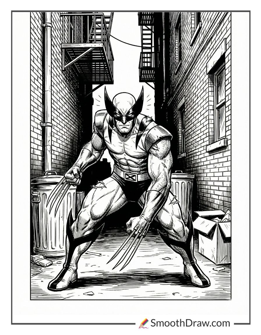 Wolverine hiding in shadowed alley