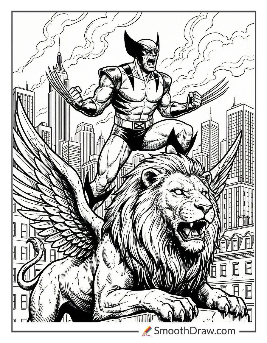 Wolverine roaring atop statue