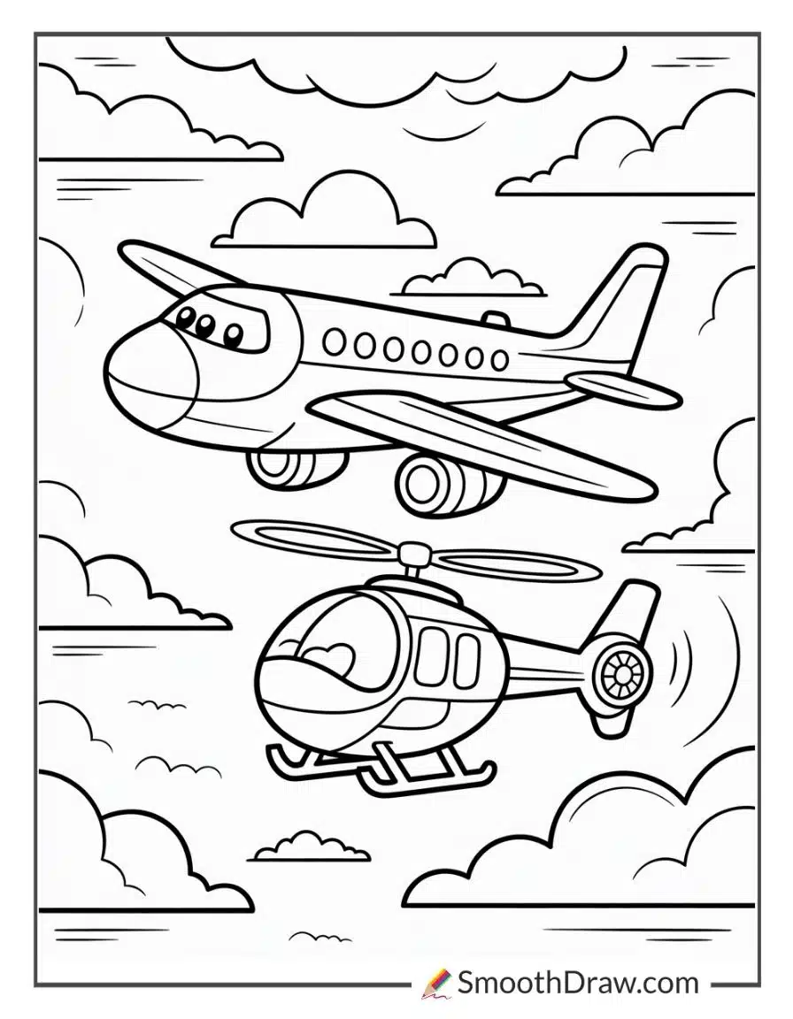Airplane And Helicopter Coloring Page