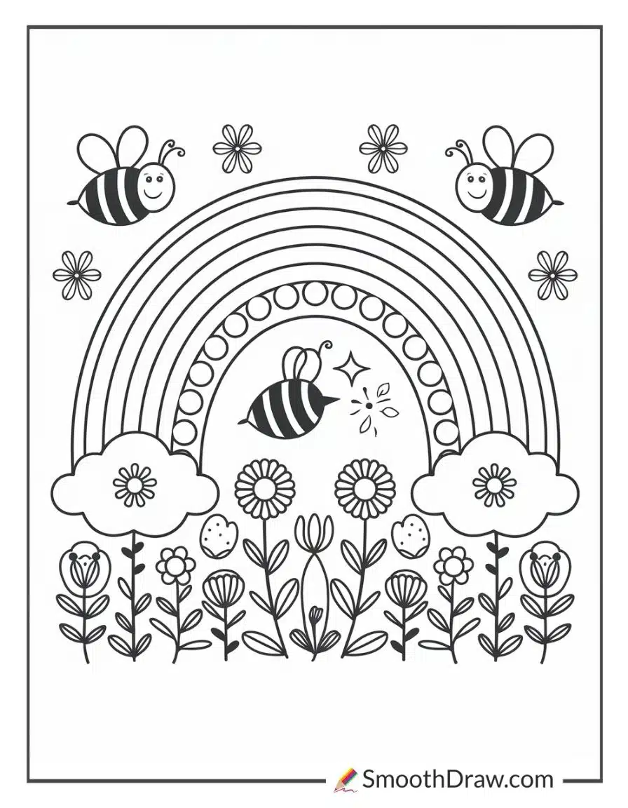 bees and flowers by rainbow