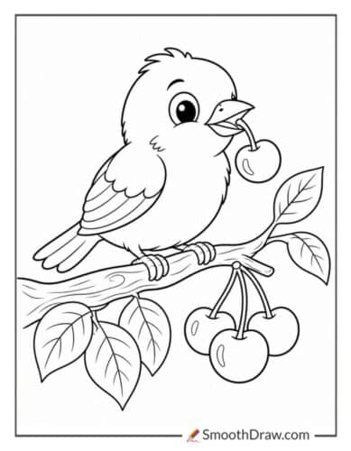 Bird Eating Cherries From A Tree