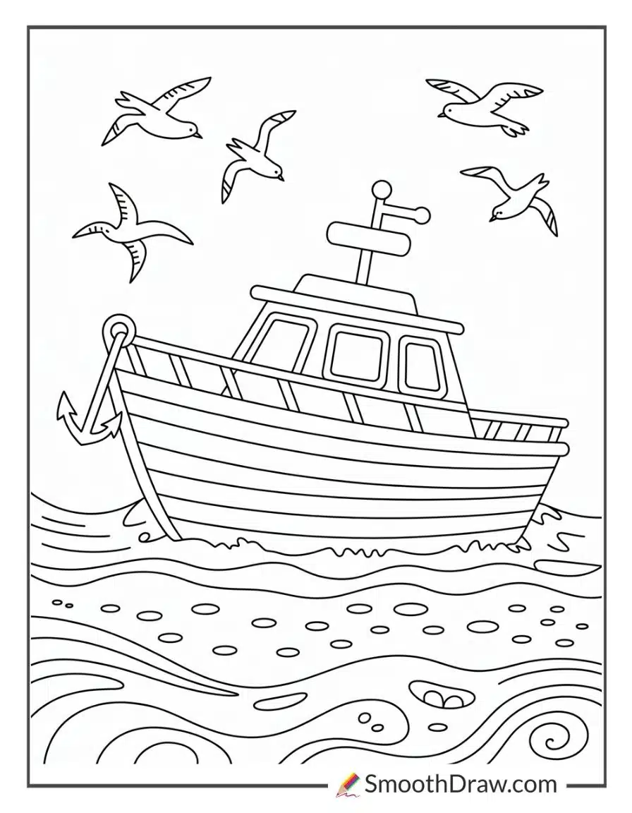 Boat With Anchor Coloring Page