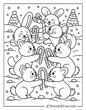 Cute Animals Sharing Candy Canes For Coloring
