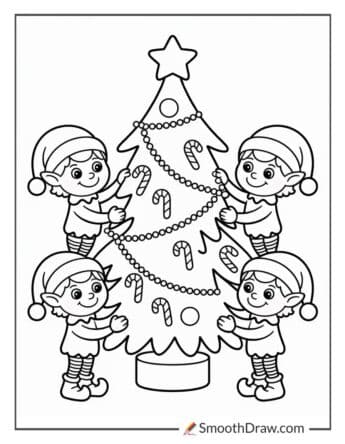 Elves Decorating Tree With Candy Canes Coloring Page