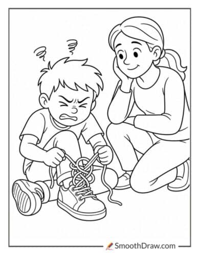 Frustrated Child Tying Shoes