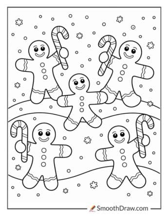 Gingerbread Men With Candy Canes Coloring Page