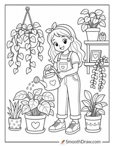 Girl Watering Houseplants Indoors