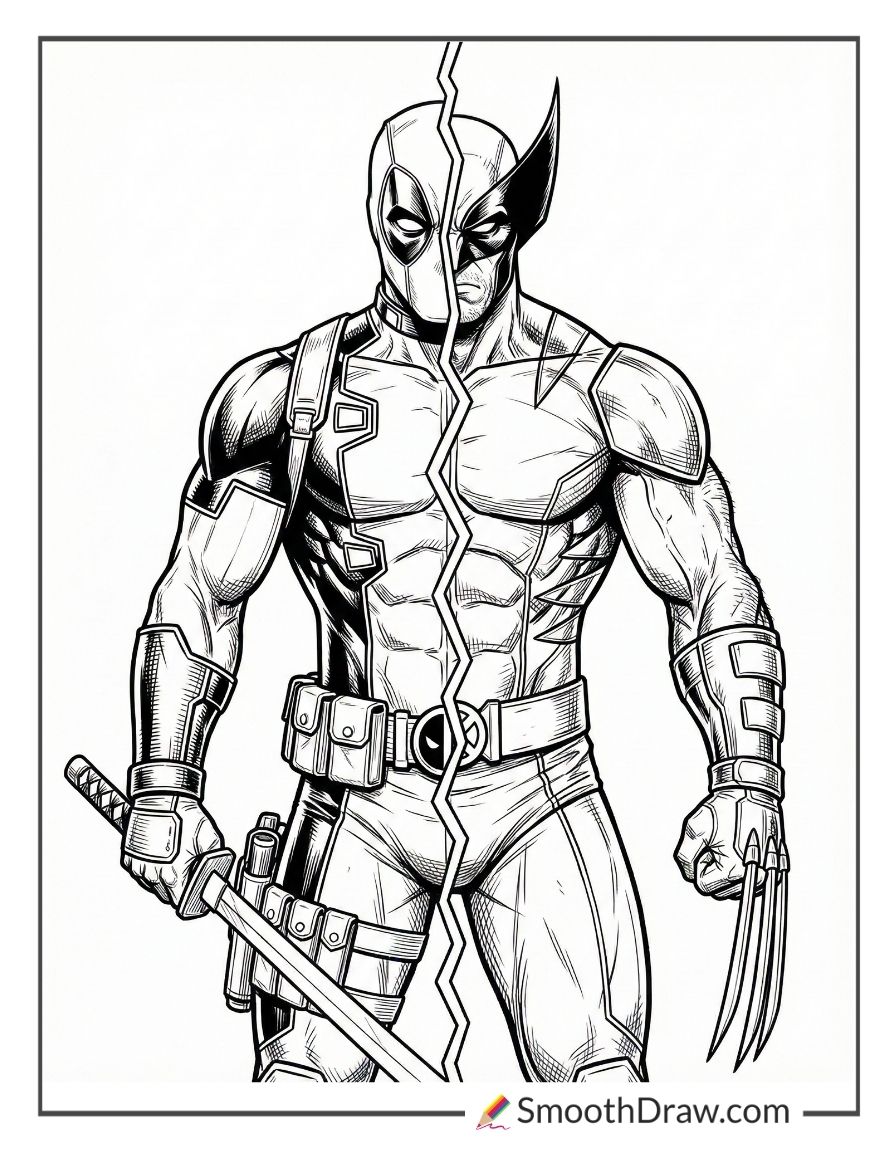 Half Deadpool Half Wolverine Coloring Page