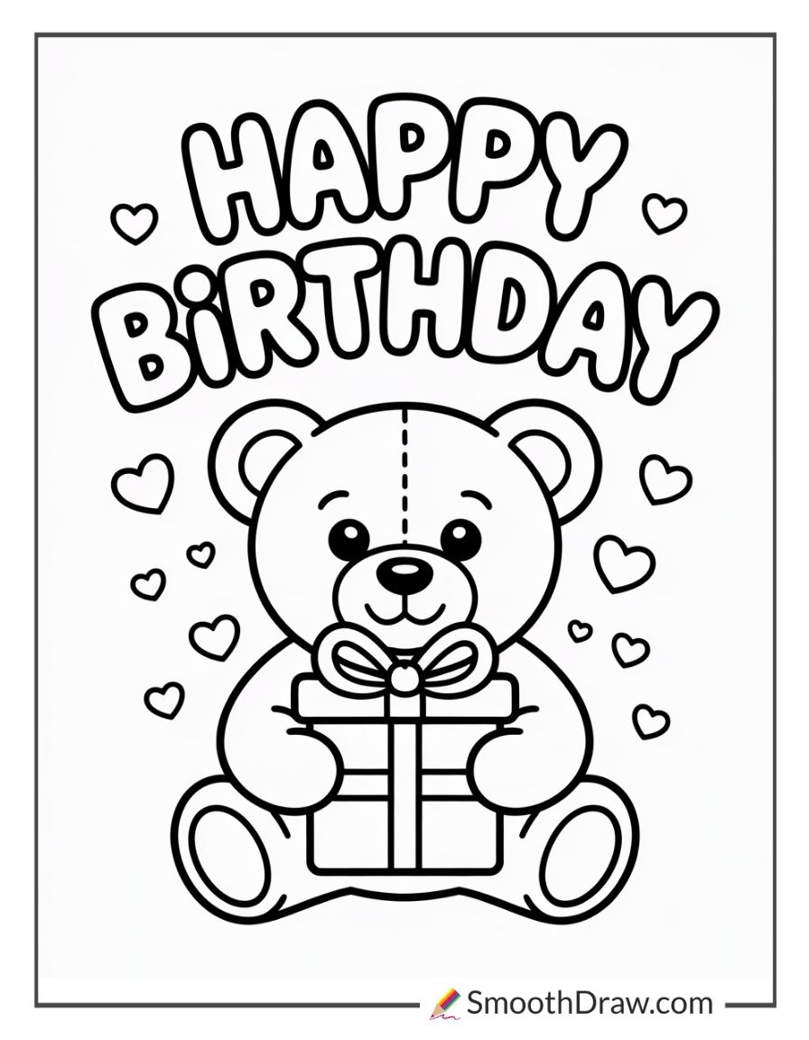 Happy Birthday Teddy Bear Coloring Page
