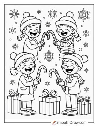 Happy Kids Trading Candy Canes Coloring Page